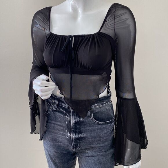 Dolls Kill Current Mood Fairy Style Black Top Mesh Handkerchief Hem Bell Sleeves - Picture 1 of 7